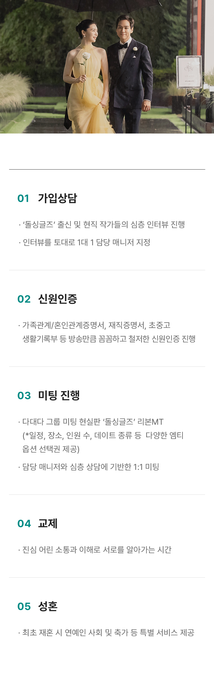 가입상담, 신원인증, 미팅 진행, 교제, 성혼